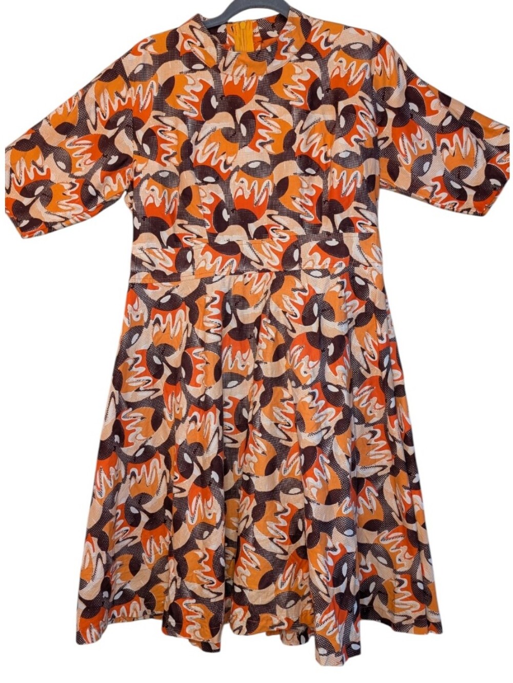 Vintage inspired 70s mod abstract dress graphic orange brown flare size in desc